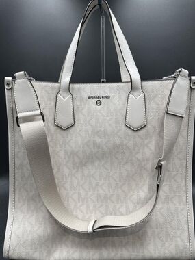 Michael Kors White Mirella Monogram Canvas Tote Bag Silver W/ Removable Strap